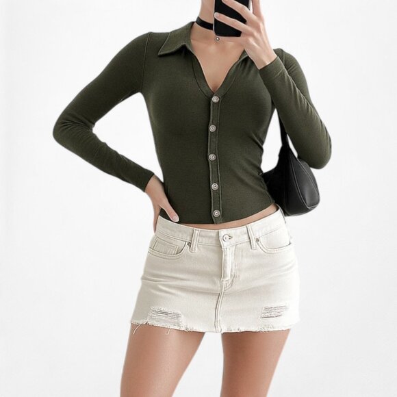 Fashion Nova Camo Green Knit Button Down Front 3/4 Sleeve Top Size M/L - Picture 1 of 7